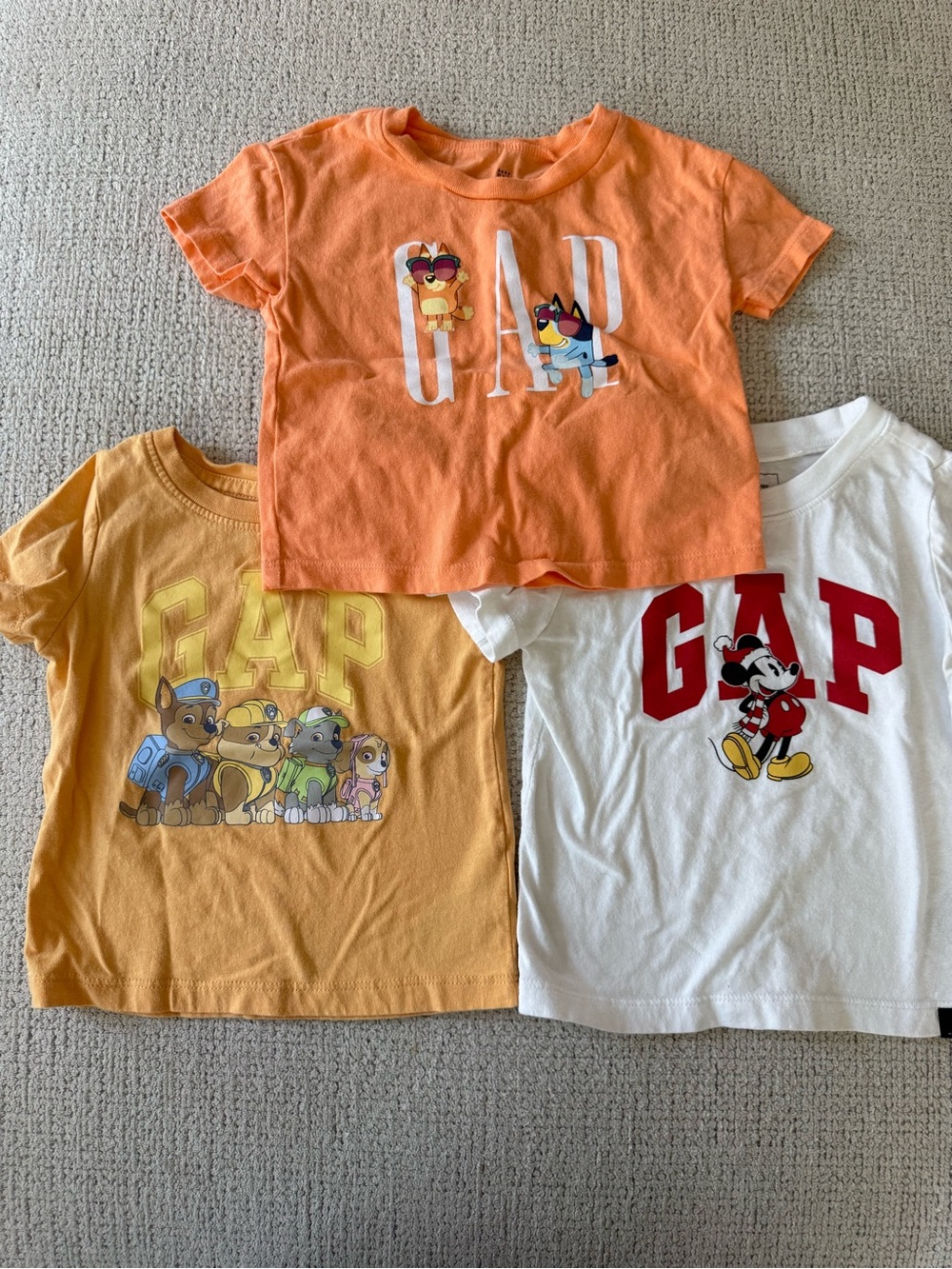 GAP Paw Patrol, Bluey, Mickey Kids Orange, Yellow & White Graphic Tee Trio